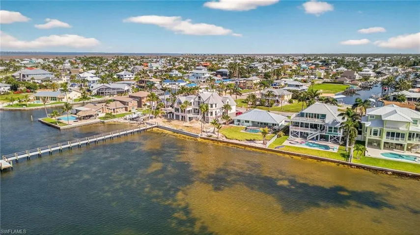 Aerial perspective of suburban area featuring a nearby body of water