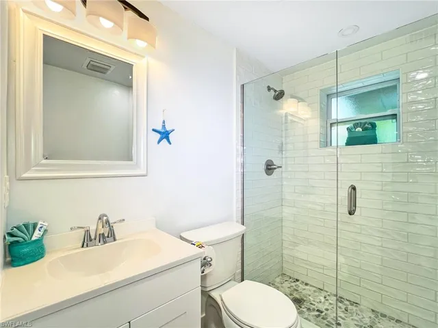 219 Delmar lower level Bathroom with vanity, toilet, and a shower with door
