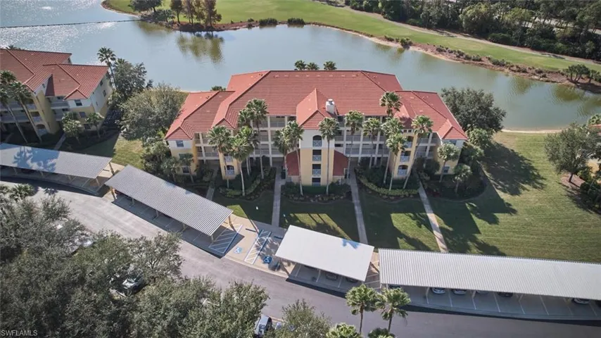 Aerial view of a nearby body of water and a golf club