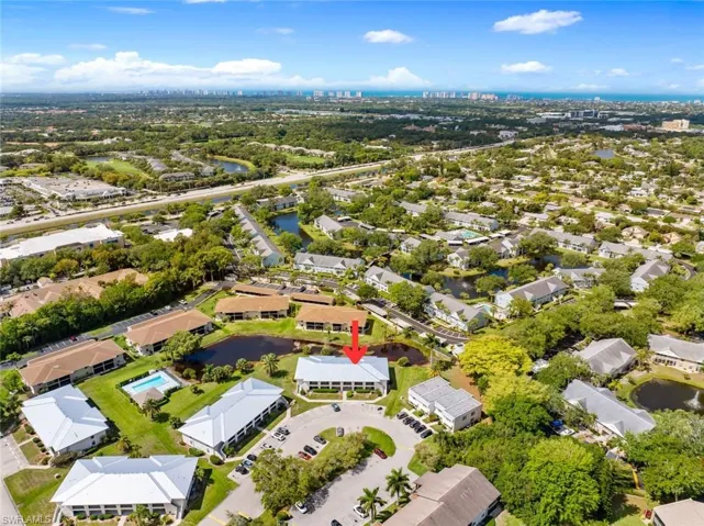 Aerial view of a nearby body of water