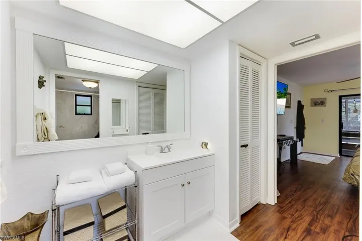 Bathroom with a closet, vanity, wood finished floors, and a shower