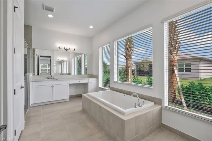 Master Bathroom featuring tile floors, a relaxing tiled bath, plenty of natural light, and vanity