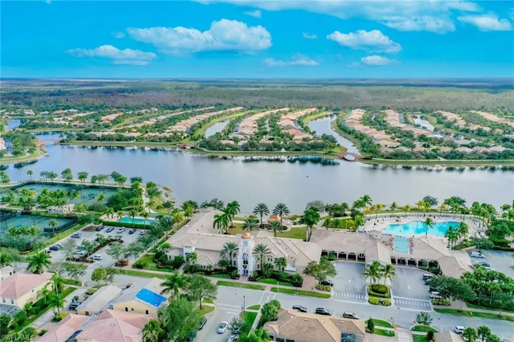 Aerial perspective of suburban area with a large body of water