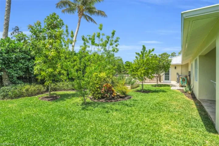 Backyard oasis featuring many fruit trees and bushes.
