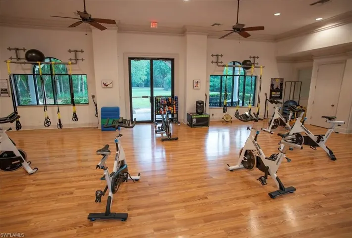 Workout area featuring ceiling fan, light wood-type flooring, and crown molding