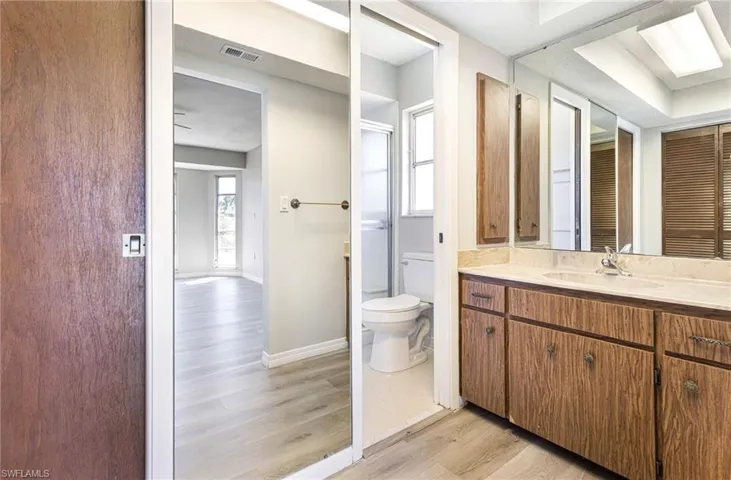 Bathroom with wood-type flooring, vanity, toilet, and a skylight
