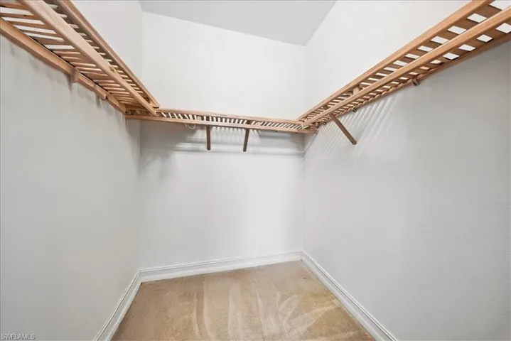 Walk in closet featuring light carpet
