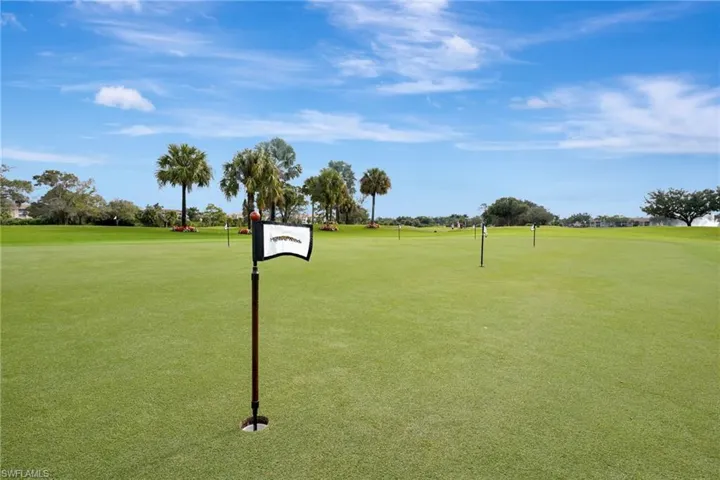 Expansive golf course putting green with multiple flagsticks, surrounded by mature palm trees and lush landscaping