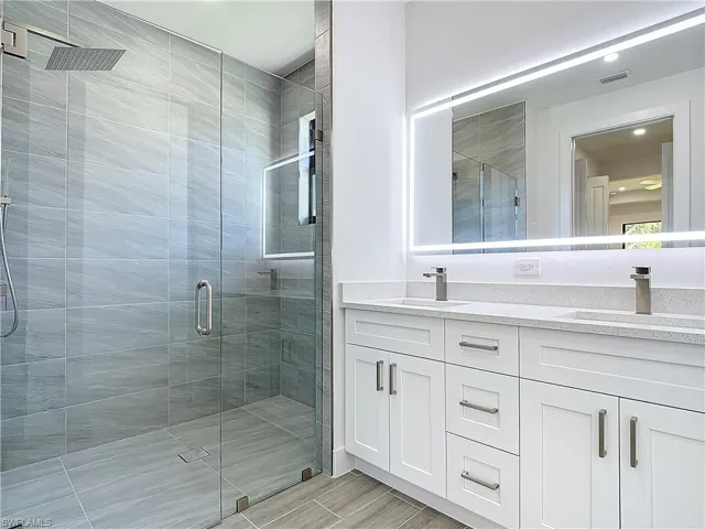 Full bathroom with a stall shower, visible vents, a sink, and double vanity