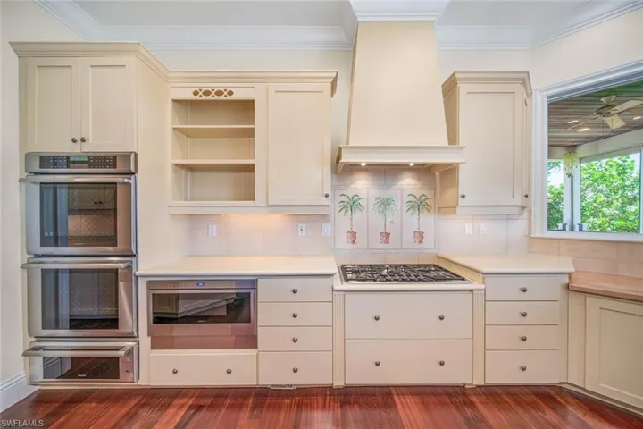 Kitchen featuring premium range hood, stainless steel appliances, dark hardwood / wood-style flooring, decorative backsplash, and ornamental molding