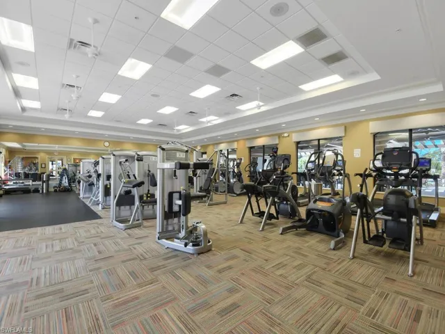 Workout area featuring visible vents, light colored carpet, and a raised ceiling