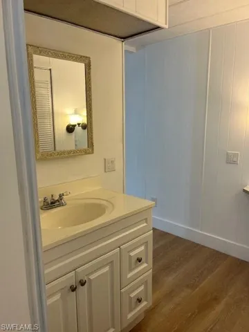 Bathroom with vanity and hardwood / wood-style flooring