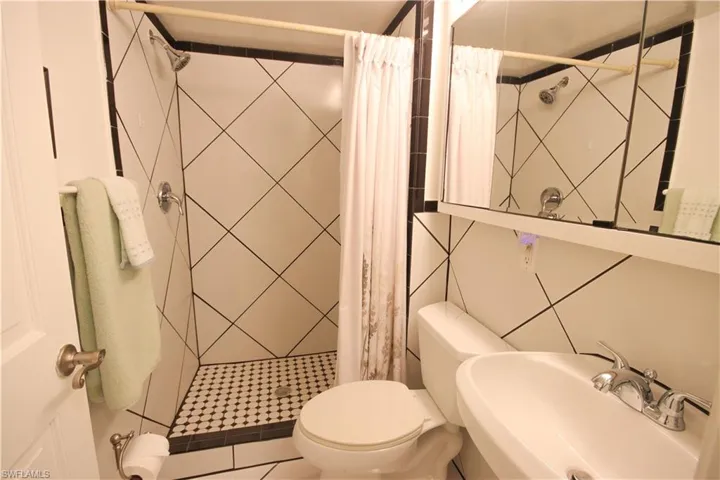 Bathroom with sink, curtained shower, and toilet
