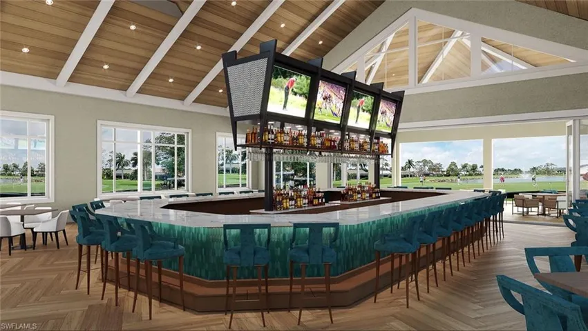 Community bar area featuring high vaulted ceiling, a wooden ceiling with exposed beams, healthy amount of natural light, light stone countertops, and recessed lighting