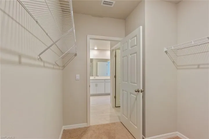 Spacious closet featuring light colored carpet