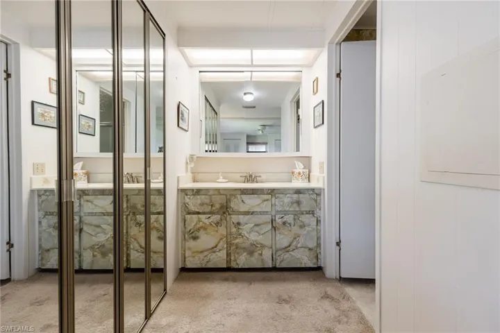 Bathroom featuring vanity and light carpet