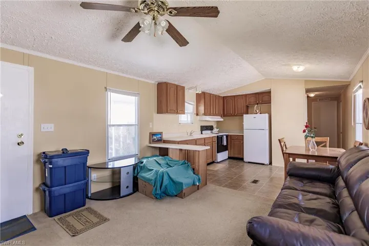 Living room with ceiling fan, light colored carpet, and lofted ceiling- please excuse moving boxes