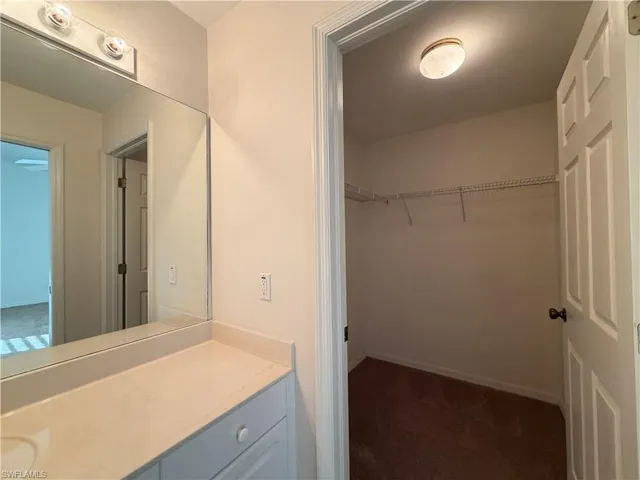Bathroom with a walk in closet, vanity, and dark carpet