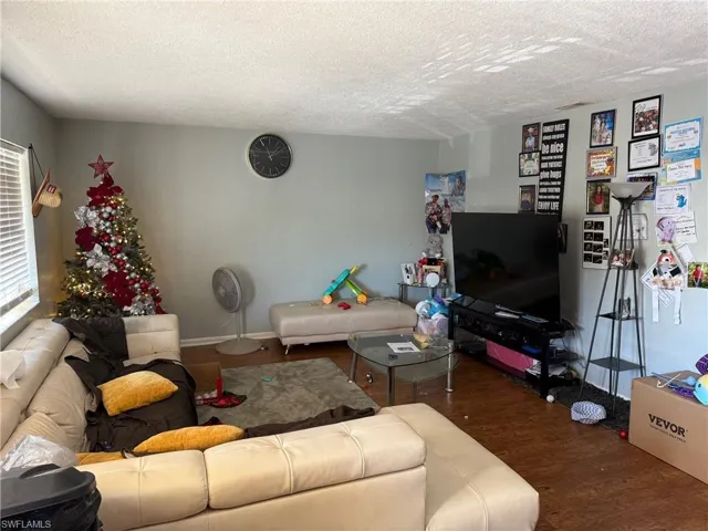 Living room featuring dark wood-type flooring and a textured ceiling
