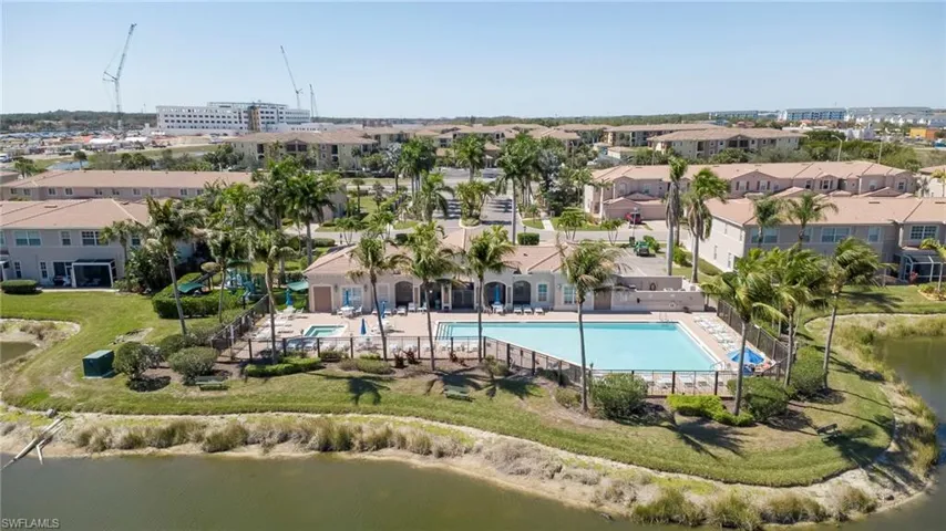 Bird's eye view of a pool and a nearby body of water