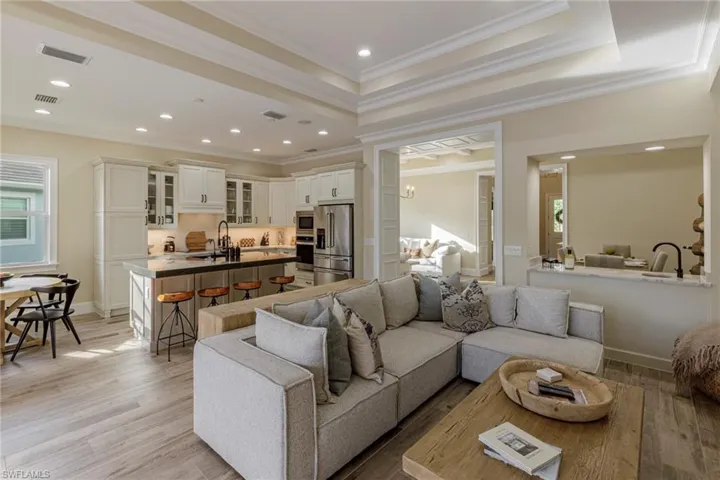 Living room with a tray ceiling, light hardwood / wood-style flooring, ornate columns, and ornamental molding