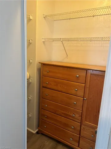 Walk in closet with dark hardwood / wood-style floors