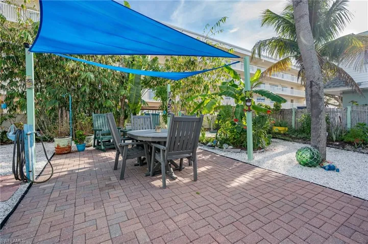 Fenced backyard featuring a patio and outdoor dining area