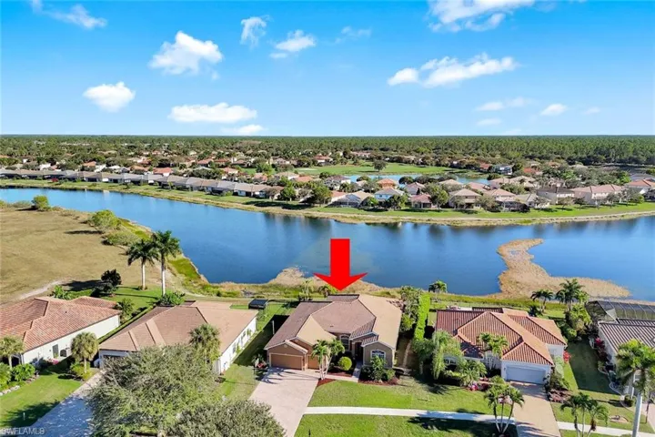 Aerial perspective of suburban area featuring a nearby body of water