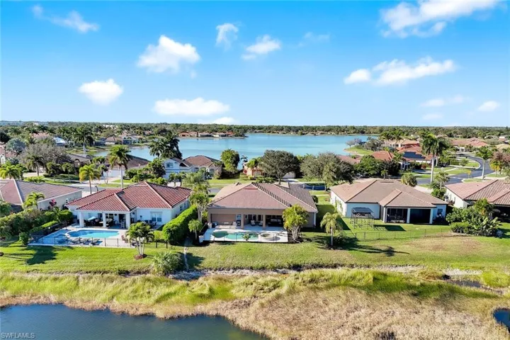 Aerial perspective of suburban area featuring a large body of water and a pool area