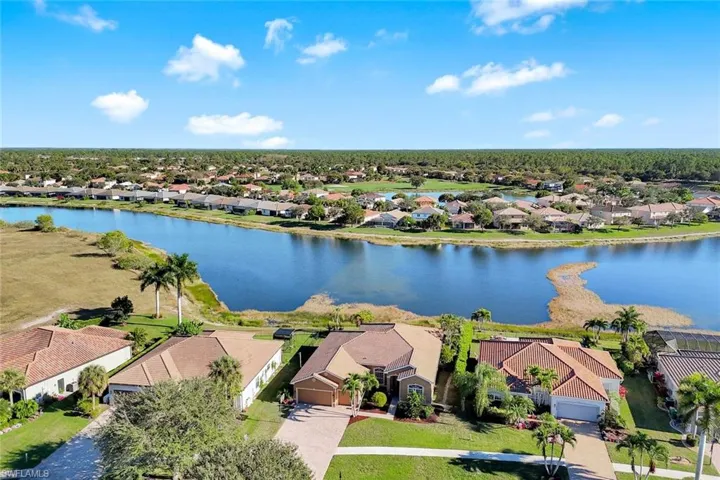 Aerial perspective of suburban area with a large body of water