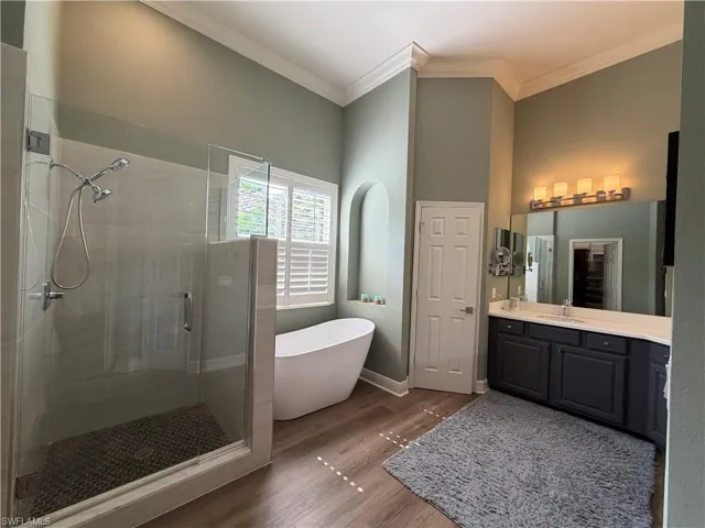 Bathroom with vanity, a stall shower, a freestanding tub, dark wood-style flooring, and ornamental molding