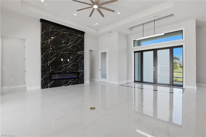 12-foot quartz wall with built-in fireplace
