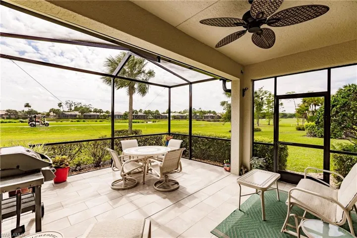 Lake and golf course views from the tiled lanai! Its very private and peaceful. the lightiing at night makes it a great place to relax and enjoy the evening.