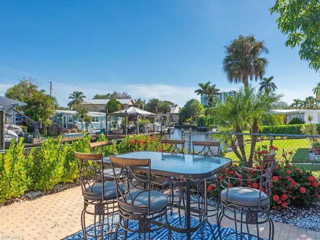 View of patio with a water view
