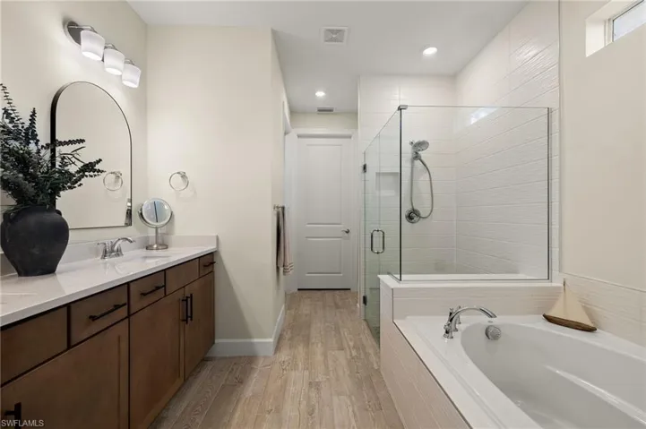 Bathroom with separate shower and tub, vanity, and wood-style tile flooring