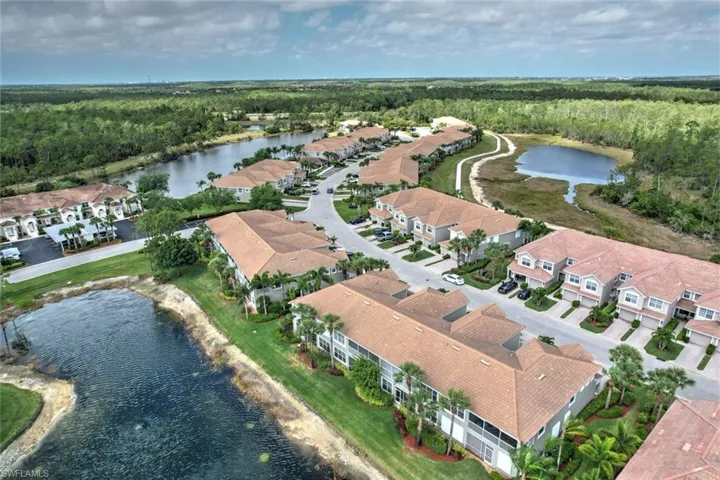 Birds eye view of property featuring a water view, a wooded view, and a residential view