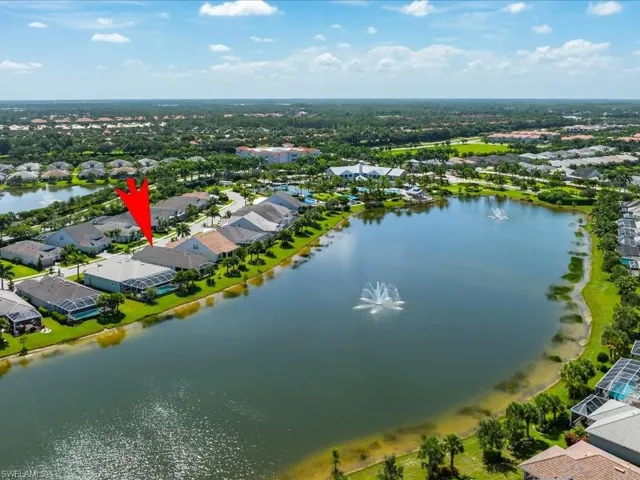 Birds eye view of property with a water view and features