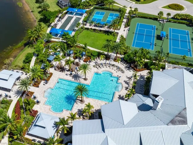 Resort like amenities in this 55 + community feature a lap pool, bocce, tennis and poolside seating