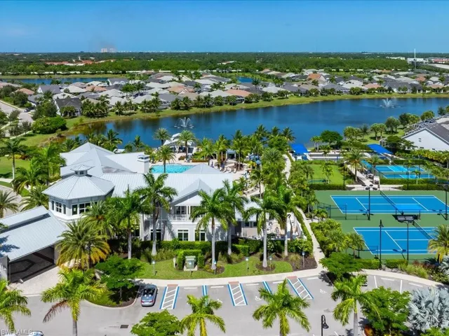 Bird's eye view of the community amenities: pickle ball, tennis, pool, fitness area, and more