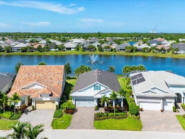 Bird's eye view of the home's front elevation with a water view