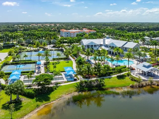 Aerial view featuring the community amenities overlooking a water view