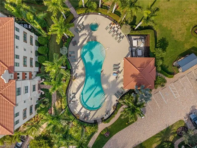 Drone / aerial view of a pool area