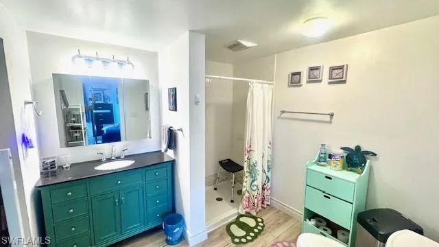 Bathroom featuring a shower stall, vanity, and light wood-style flooring