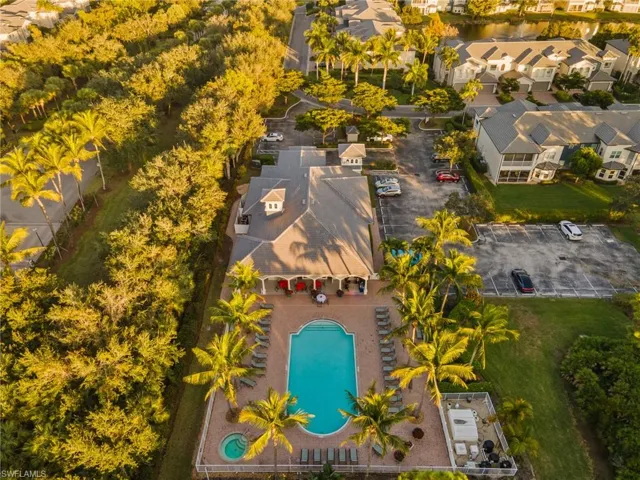 Aerial view of residential area with a pool area