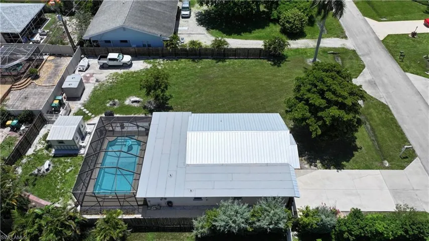 View from above of property with a pool area