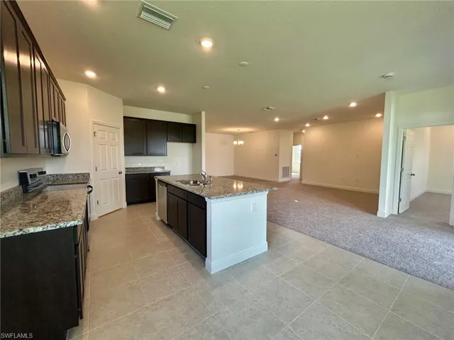 Kitchen featuring stainless steel appliances, open floor plan, a sink, light carpet, and recessed lighting