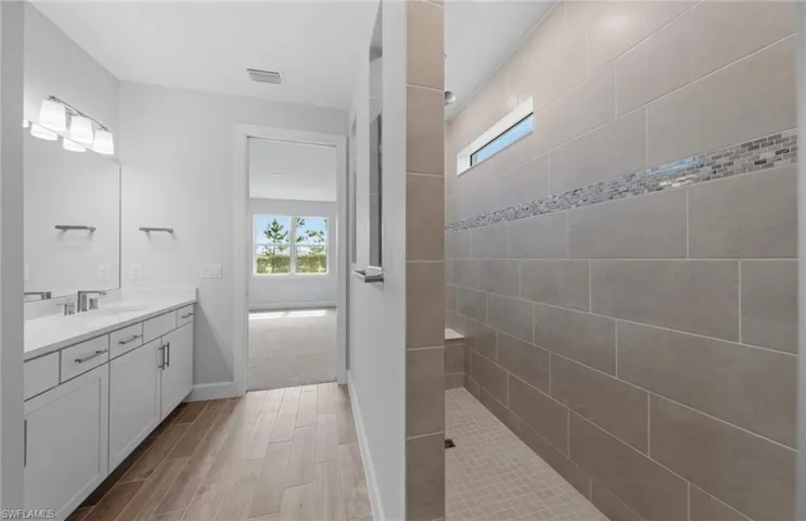 Bathroom with vanity, plenty of natural light, and tiled shower