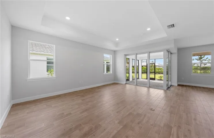 Spare room featuring light wood-type flooring, a tray ceiling, and a wealth of natural light
