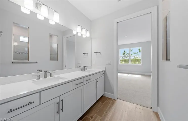Bathroom featuring wood-type flooring and vanity