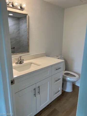 Bathroom with vanity and wood finished floors